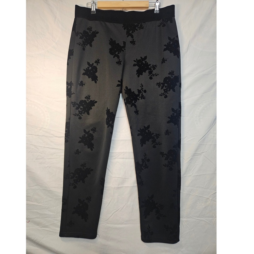 Liz Claiborne Velvet Floral Legging Pants XL Career Black Flocked Pull On #842 - Picture 2 of 10